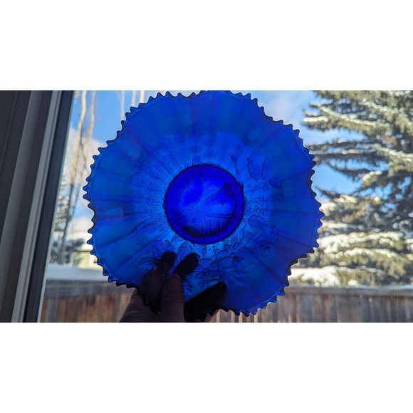 Vintage Northwood Peacocks on Fence Electric Blue Bowl Ruffle Sawtooth - Picture 4 of 16